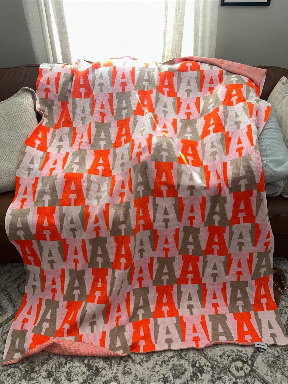 Baublebar initial A-Pattern Knit Throw Blanket in Orange, Pink & Taupe